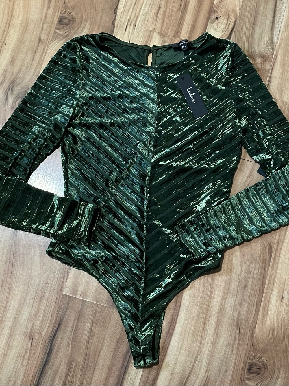 NWT Lulus Save the Date Green Velvet Striped Long Sleeve Bodysuit M